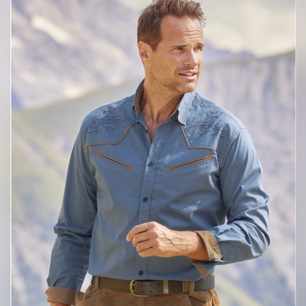 Atlas For Men Button Down Shirt Men's Western Blue Floral Print Longsleeve  2XL